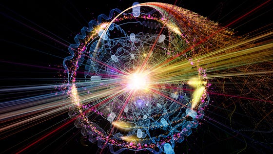 虽然从根本上讲,宇宙是由点状量子粒子组成的,但它们聚集在一起形成有限大小和质量的物体,占据特定体积。这幅艺术家的插图显示了几个电子围绕原子核旋转,其中电子是基本粒子,但原子核可以分解成更小、更基本的成分。是否存在比目前已知的亚原子粒子更小的结构仍有待发现。