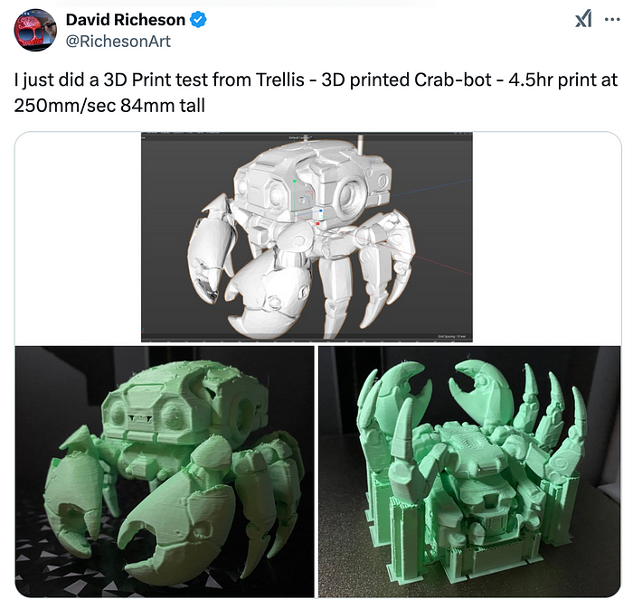 这个 3D 场景的质量让我印象深刻。微软正在用这个高质量、可扩展的模型在 3D 生成方面树立新标准。事实上,一些用户已经用 Trellis 制作了 3D 打印模型,这太酷了!