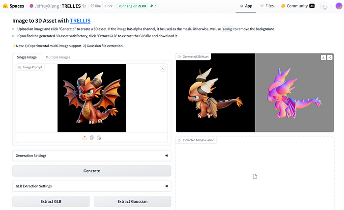 如何尝试 Trellis 您可以在 HuggingFace 上尝试 Trellis。上传图像并单击“生成”以创建 3D 资产。如果图像有 alpha 通道,它将被用作蒙版。您可以使用生成设置或 GLB 提取设置,也可以将其保留为默认设置。